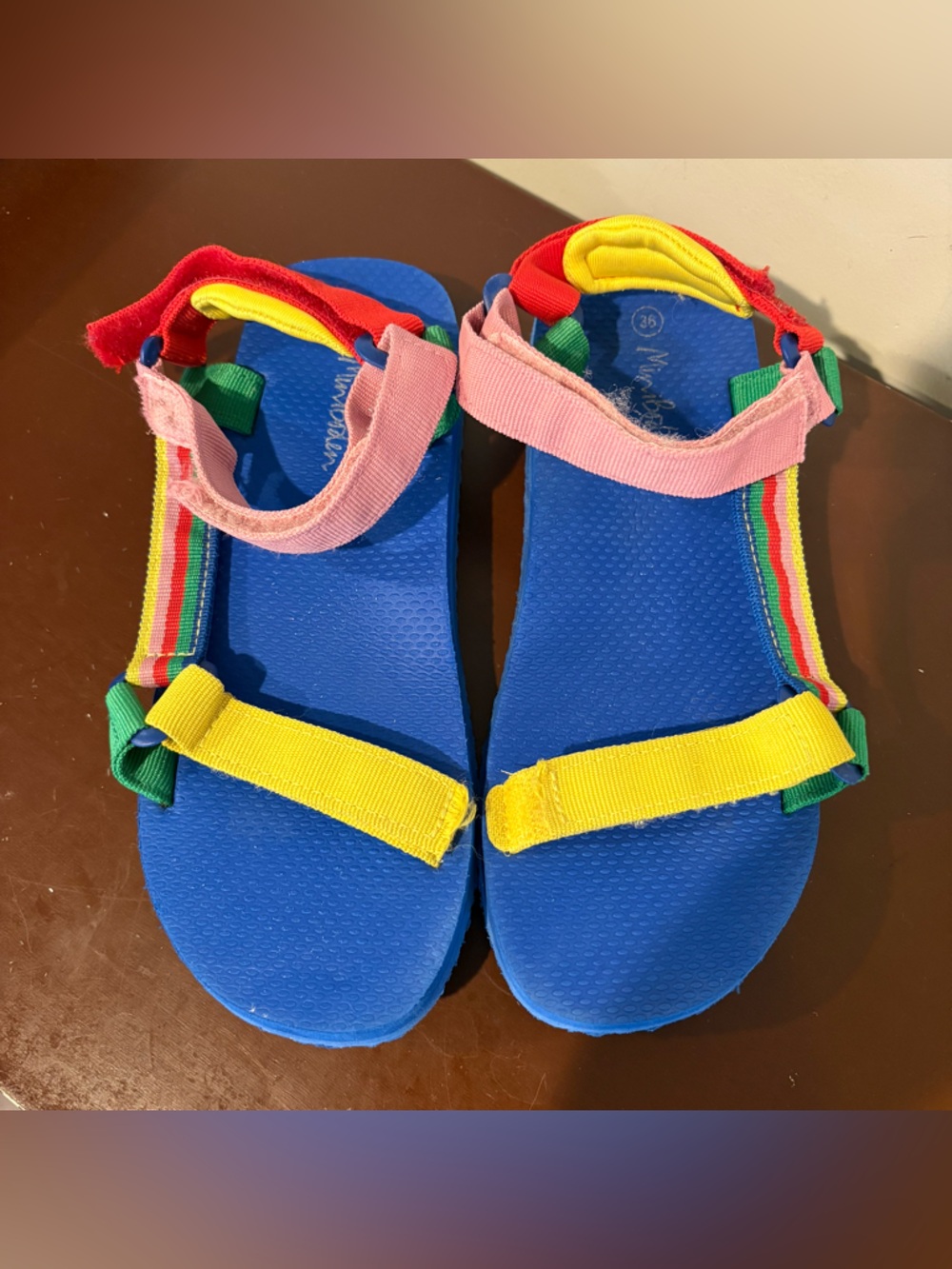 Mini Boden Kids Rainbow Strap Sandals - Blue Multicolor Velcro Straps outdoors